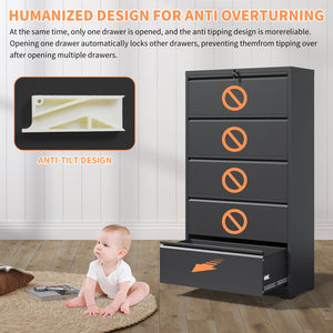 English Elm 5 Drawer Metal Lateral File Cabinet with Secure Locking System, Smooth Powder Coat, Quiet Ball-Bearing Slides for Heavy-Duty Legal and A4 Document Organization Black T2398P182180
