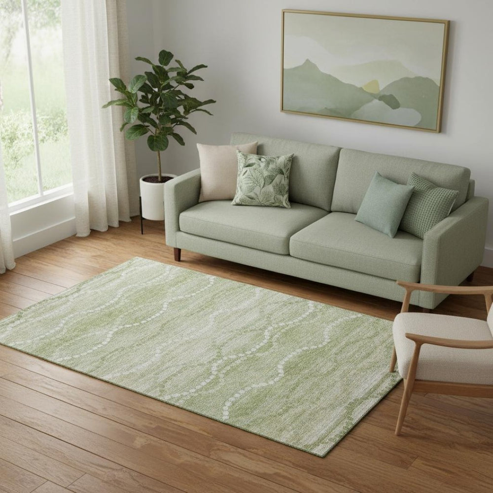 HomeRoots 8' Sage and Ivory Abstract Round Rug - Machine Washable, UV Protected, Stain Resistant, Non-Slip Design 715294