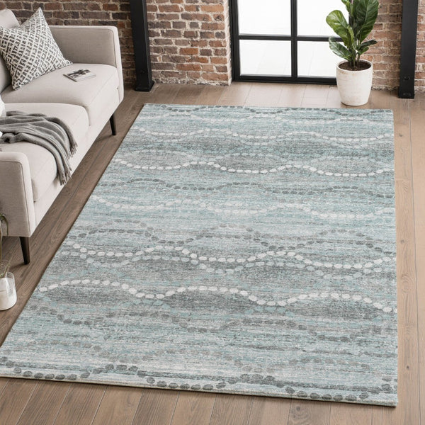 HomeRoots 8' Teal and Ivory Abstract Geometric Round Rug - Washable, UV-Protected, Stain-Resistant, Durable Design 715300