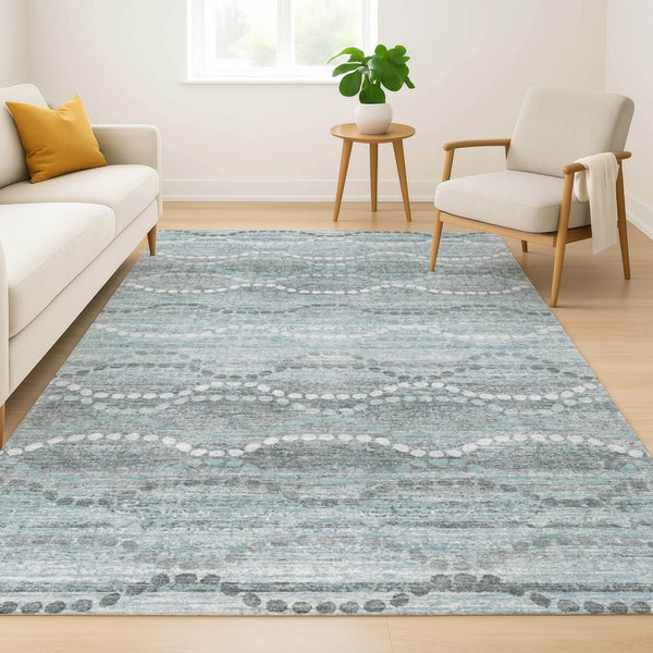 HomeRoots 8' Teal and Ivory Abstract Geometric Round Rug - Washable, UV-Protected, Stain-Resistant, Durable Design 715300