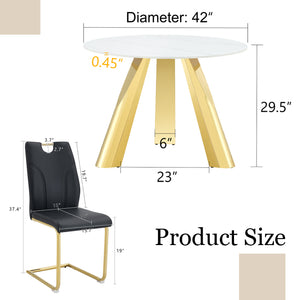 English Elm 42" Modern Luxury Round Sintered Stone Dining Set with Gold Metal Base & 4 Black PU Chairs, 42" Durable 5-Piece Contemporary Ensemble W1512S00122
