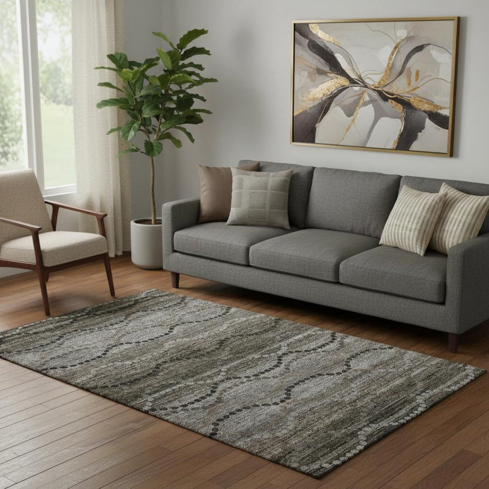 HomeRoots 8' Chocolate & Gray Abstract Geometric Washable Round Rug – Durable, UV-Protected, Stylish Design! 715312