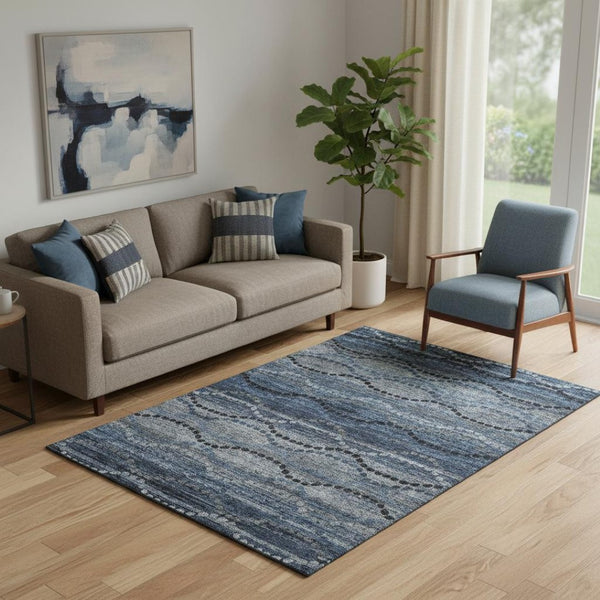 HomeRoots 8' Navy Blue and Gray Abstract Geometric Washable Round Rug - UV Protected, Stain Resistant Design 715318