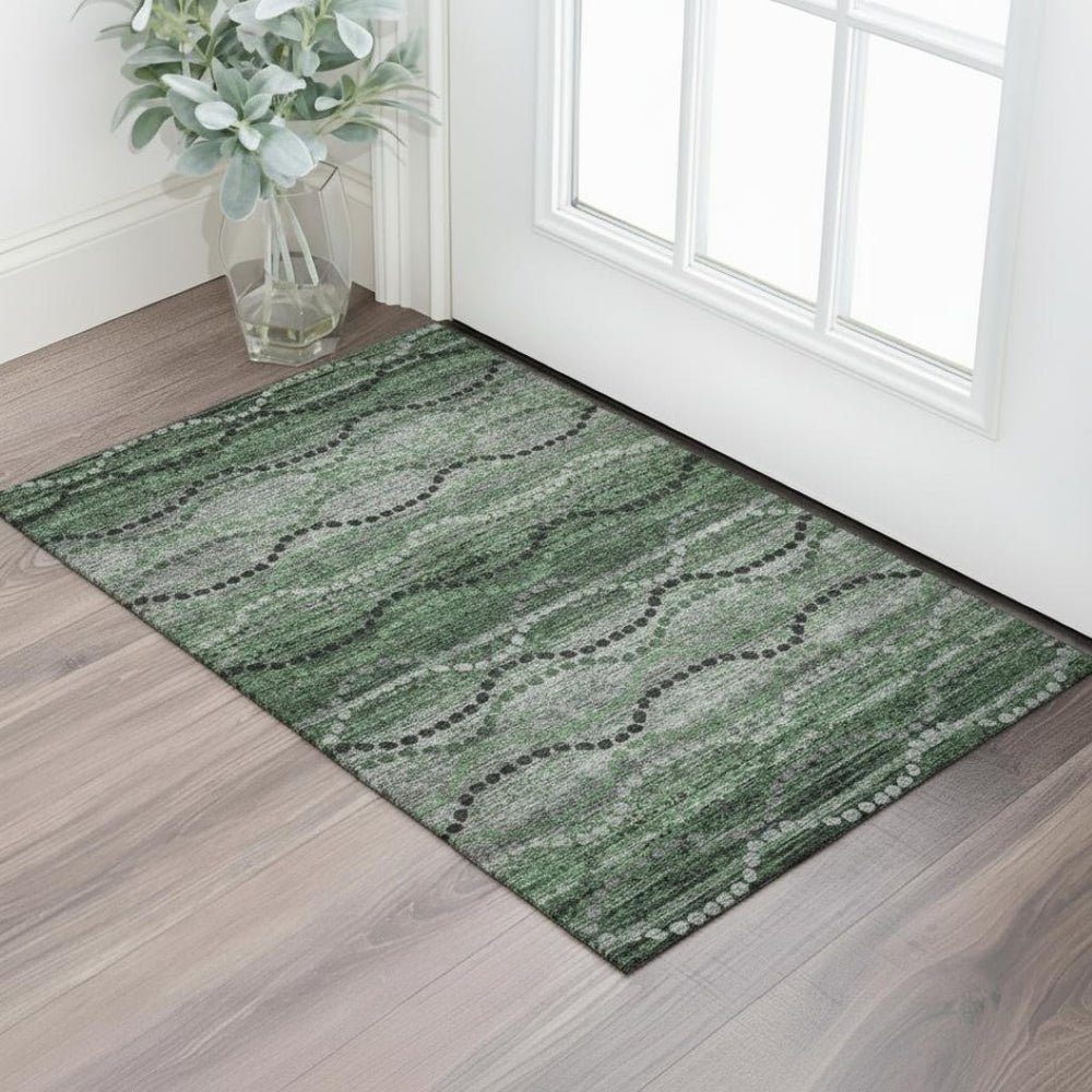 HomeRoots 5' Olive Green & Gray Abstract Geometric Washable Area Rug – UV Protected, Stain-Resistant Design 715323