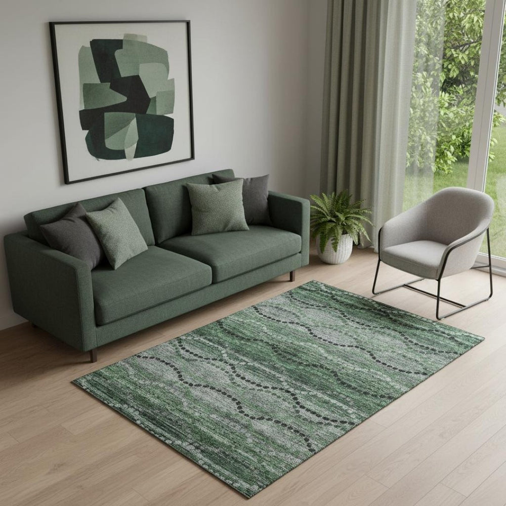 HomeRoots 8' Olive Green and Gray Abstract Round Rug - Washable, Stain-Resistant, UV-Protected for Modern Spaces 715324