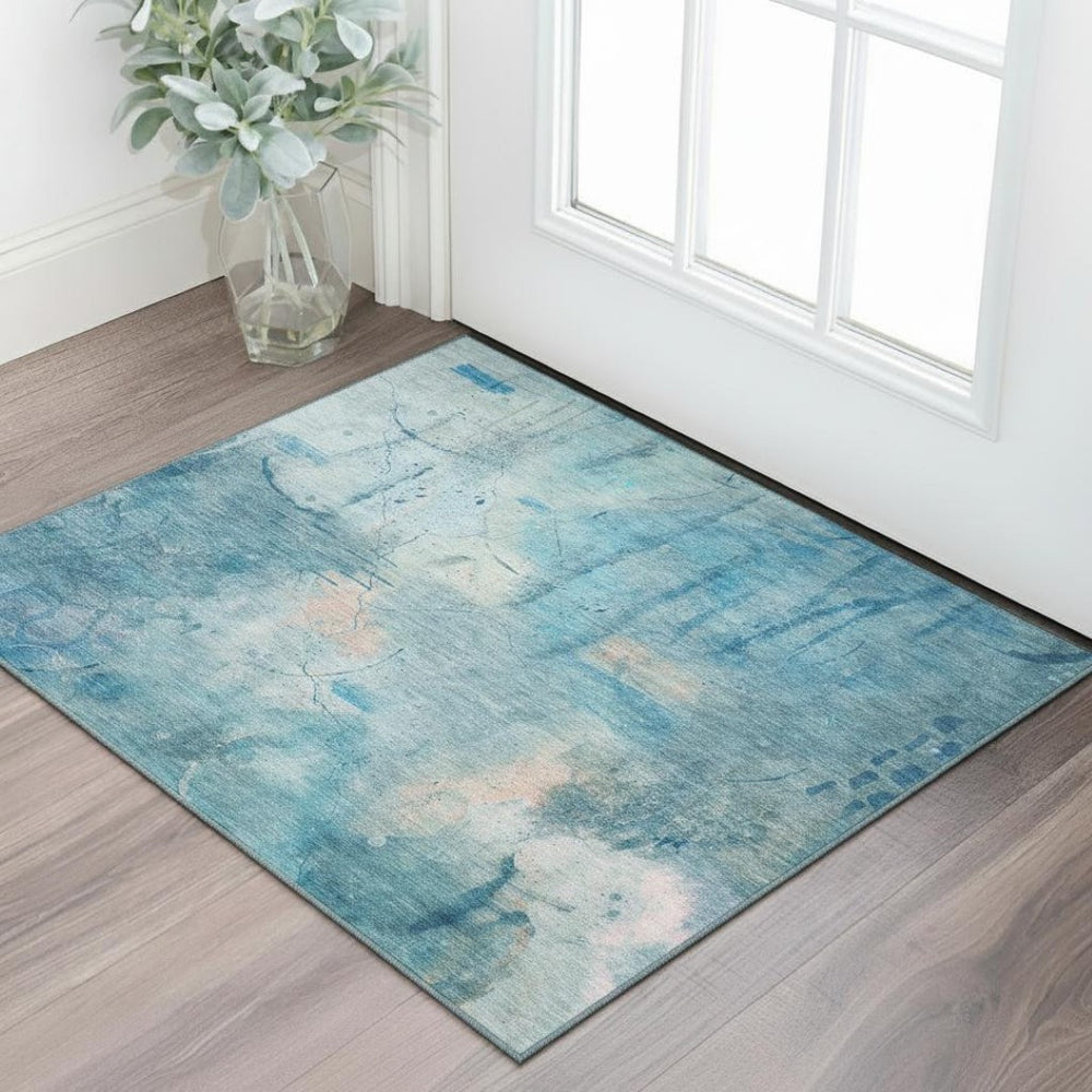 HomeRoots 5' X 8' Blue And Beige Abstract Area Rug - Durable, Washable, UV Protected for Family-Friendly Spaces 715341
