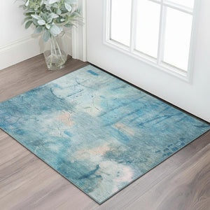 HomeRoots 5' X 8' Blue And Beige Abstract Area Rug - Durable, Washable, UV Protected for Family-Friendly Spaces 715341