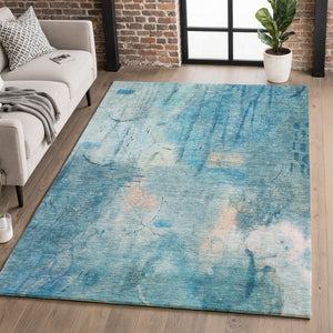 HomeRoots 8' Blue And Beige Abstract Washable Round Rug - Stylish, Durable, Stain-Resistant, UV Protected Design 715342
