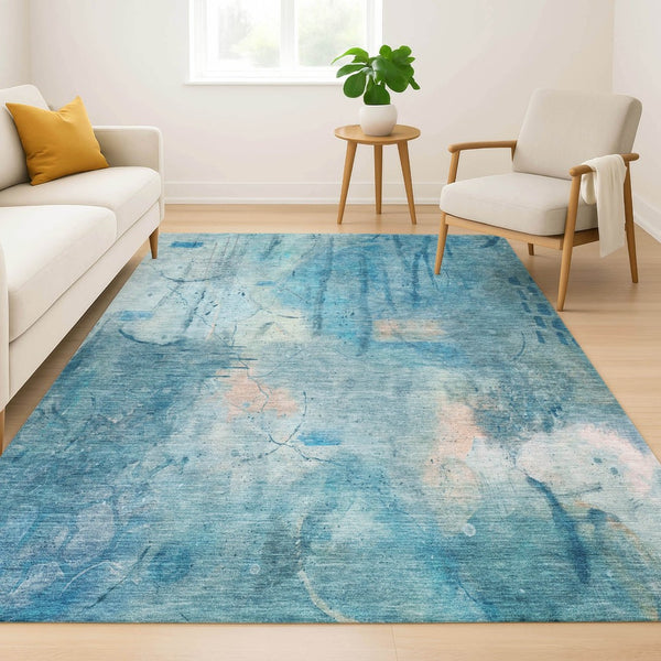 HomeRoots 8' Blue And Beige Abstract Washable Round Rug - Stylish, Durable, Stain-Resistant, UV Protected Design 715342