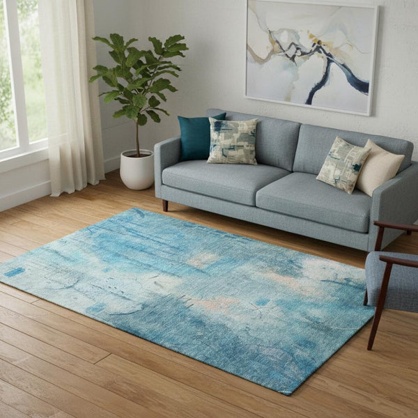 HomeRoots 8' Blue And Beige Abstract Washable Round Rug - Stylish, Durable, Stain-Resistant, UV Protected Design 715342