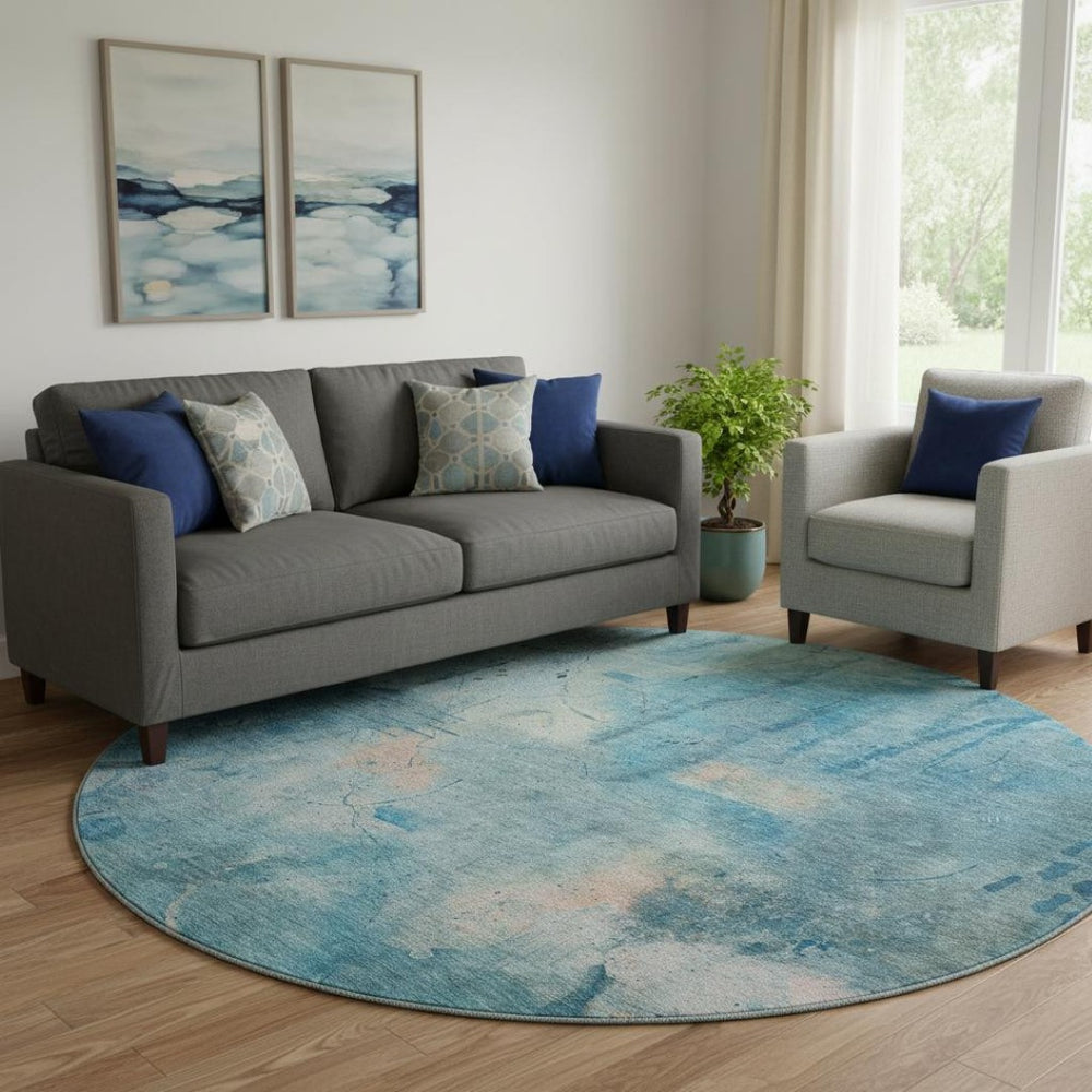 HomeRoots 8' X 10' Stylish Blue and Beige Abstract Area Rug - Washable, UV Protected, Perfect for Homes! 715343