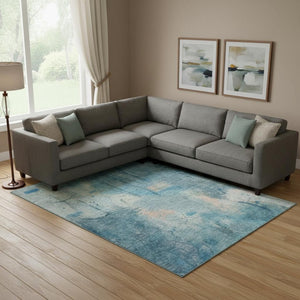 HomeRoots 9' X 12' Blue & Beige Abstract Area Rug - Washable, UV Protected, Modern Design for Busy Homes 715344