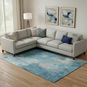 HomeRoots 10' X 14' Blue Beige Abstract Washable Area Rug - Durable, UV Protected, Stain-Resistant, Stylish Design 715345