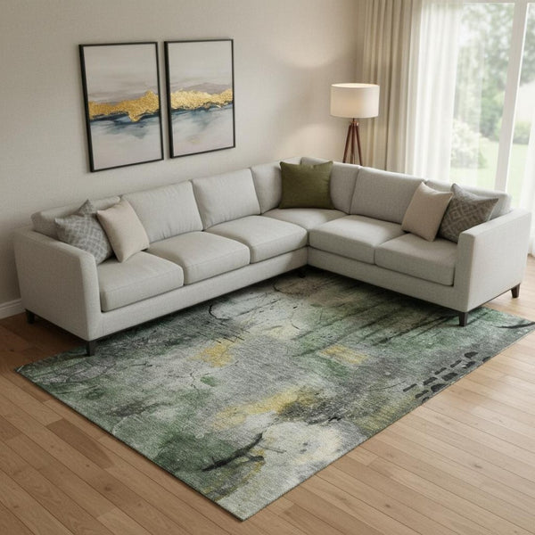 HomeRoots 9' X 12' Modern Abstract Washable Area Rug - Pewter & Charcoal with UV Protection for Busy Homes 715350