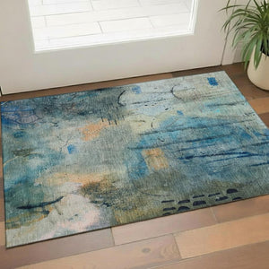 HomeRoots 5' X 8' Teal and Green Abstract Area Rug - Washable, UV Protected, Modern Design for Active Homes 715359