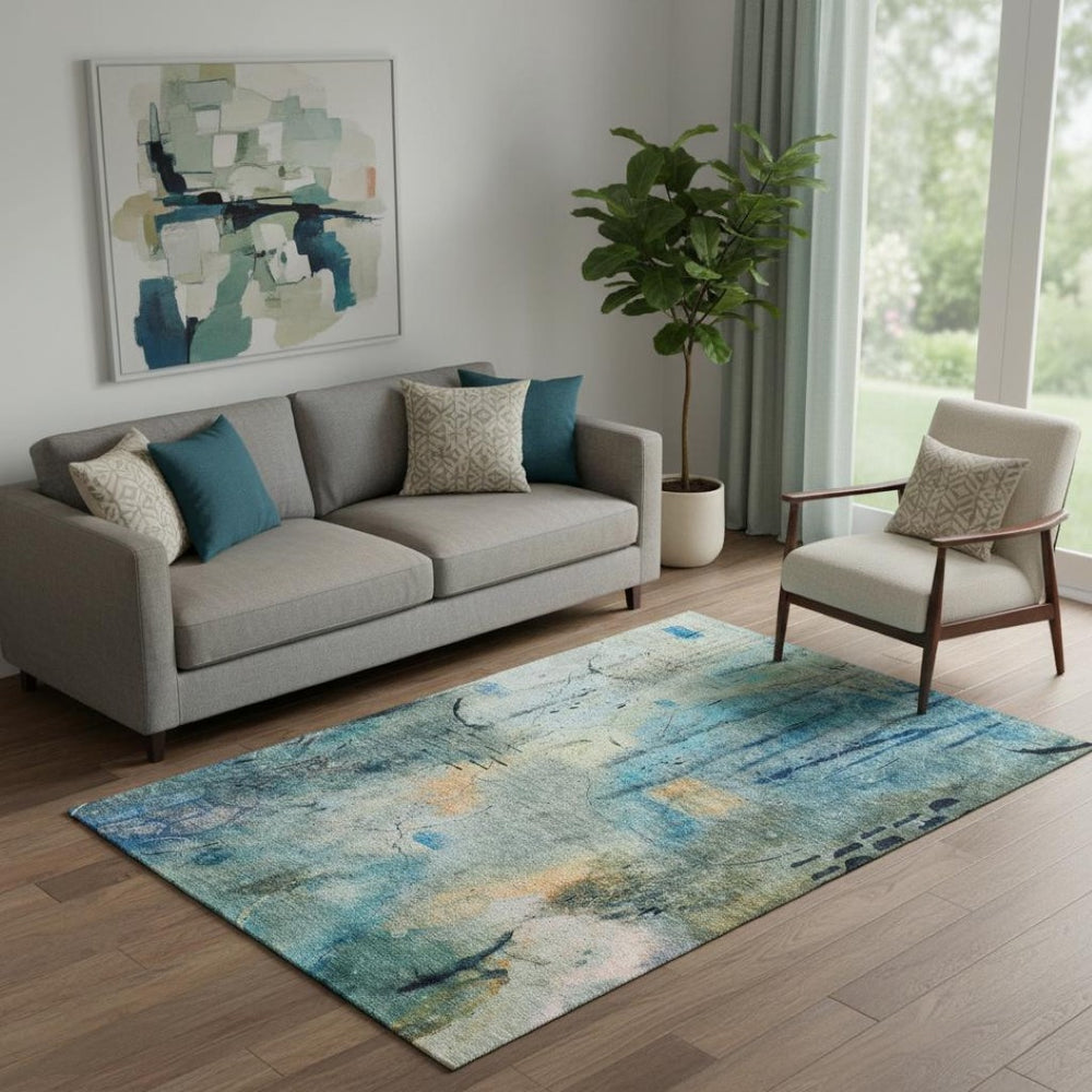 HomeRoots 8' Teal and Green Abstract Round Rug - Washable, UV Protected, Stain Resistant for Busy Homes 715360