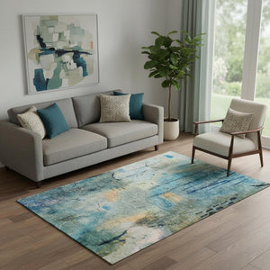 HomeRoots 8' Teal and Green Abstract Round Rug - Washable, UV Protected, Stain Resistant for Busy Homes 715360