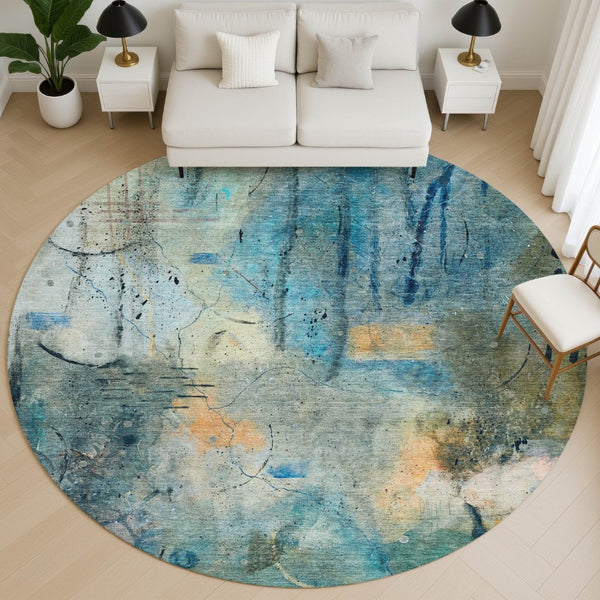 HomeRoots 8' X 10' Teal and Green Abstract Area Rug - Washable, UV Protected, Durable for Kids & Pets 715361