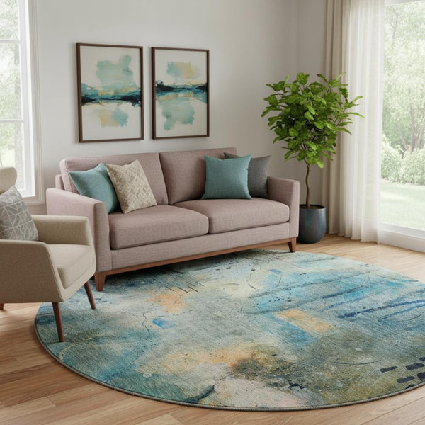 HomeRoots 8' X 10' Teal and Green Abstract Area Rug - Washable, UV Protected, Durable for Kids & Pets 715361