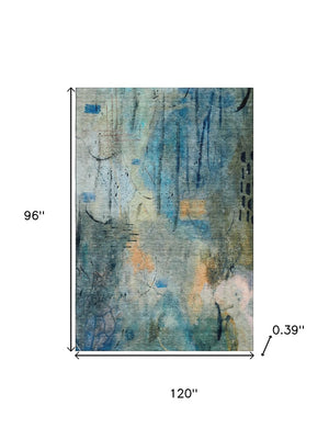 HomeRoots 9' X 12' Teal and Green Abstract Area Rug - Washable, Stain Resistant, UV Protected for Modern Spaces 715362