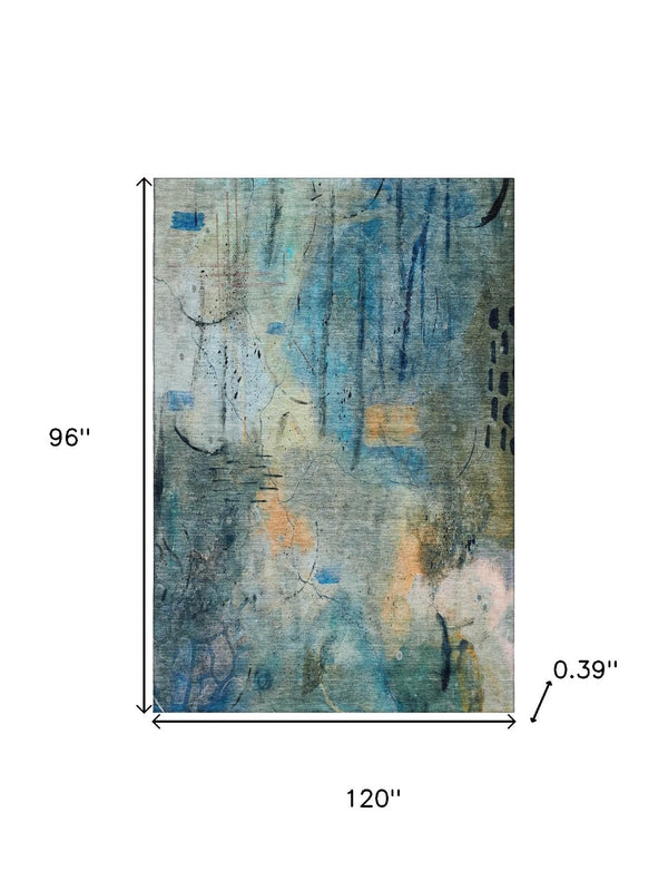 HomeRoots 9' X 12' Teal and Green Abstract Area Rug - Washable, Stain Resistant, UV Protected for Modern Spaces 715362