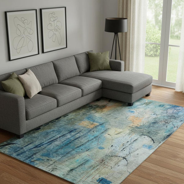 HomeRoots 9' X 12' Teal and Green Abstract Area Rug - Washable, Stain Resistant, UV Protected for Modern Spaces 715362