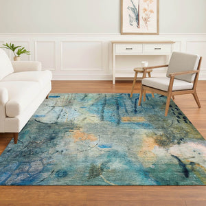 HomeRoots 10' X 14' Teal & Green Abstract Area Rug - Washable, UV-Protected, Stylish for Kids & Pets! 715363