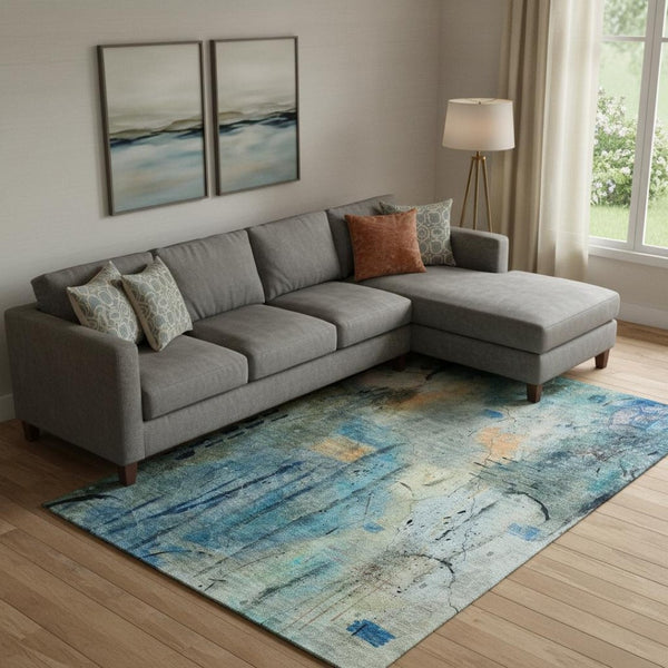 HomeRoots 10' X 14' Teal & Green Abstract Area Rug - Washable, UV-Protected, Stylish for Kids & Pets! 715363