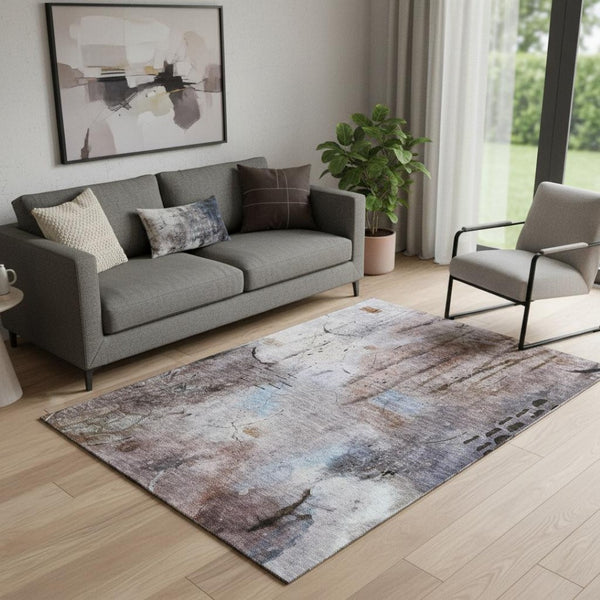 HomeRoots 8' Taupe and Gray Abstract Round Rug - Washable, UV-Protected, Non-Slip, Durable for High-Traffic Areas 715366