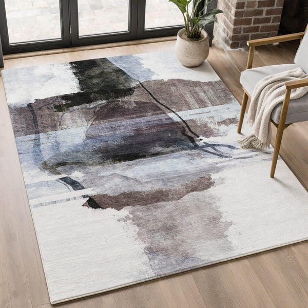 HomeRoots 9' X 12' Modern Brown & Ivory Abstract Area Rug - Washable, UV Protected, Stain Resistant for Homes 715374