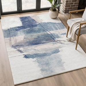 HomeRoots 5' X 8' Blue and Ivory Abstract Area Rug - Machine Washable, UV Protected, Stain Resistant, Durable! 715377