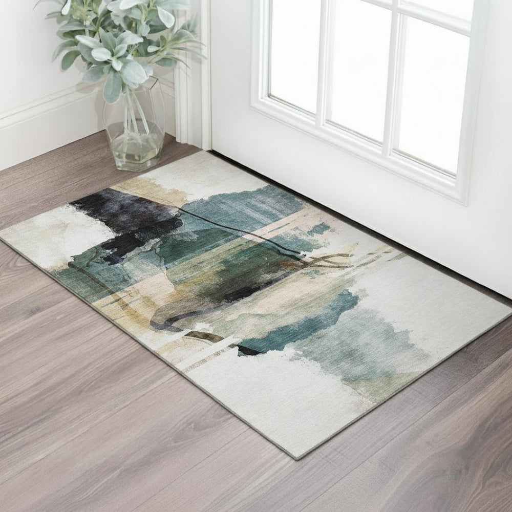 HomeRoots 5' X 8' Green And Ivory Abstract Area Rug - Washable, UV-Protected, Perfect for Homes with Kids & Pets 715383