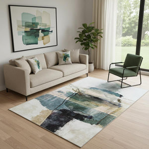 HomeRoots 8' Green And Ivory Abstract Round Rug - Washable, UV-Protected, Stain-Resistant, Durable Design 715384