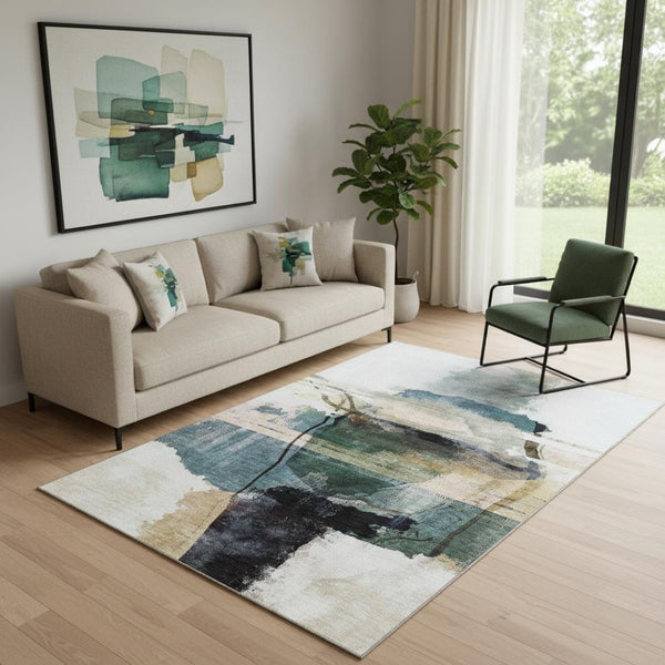 HomeRoots 8' Green And Ivory Abstract Round Rug - Washable, UV-Protected, Stain-Resistant, Durable Design 715384