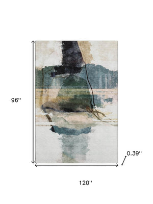 HomeRoots 9' X 12' Green and Ivory Abstract Washable Area Rug with UV Protection, Non-Slip Backing & Stain Resistance 715386