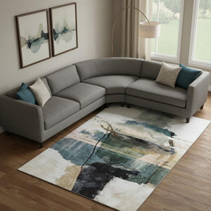 HomeRoots 9' X 12' Green and Ivory Abstract Washable Area Rug with UV Protection, Non-Slip Backing & Stain Resistance 715386
