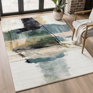 HomeRoots 10' X 14' Green And Ivory Abstract Area Rug - Machine Washable, UV Protected & Pet Friendly! 715387