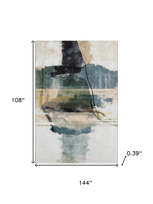 HomeRoots 10' X 14' Green And Ivory Abstract Area Rug - Machine Washable, UV Protected & Pet Friendly! 715387