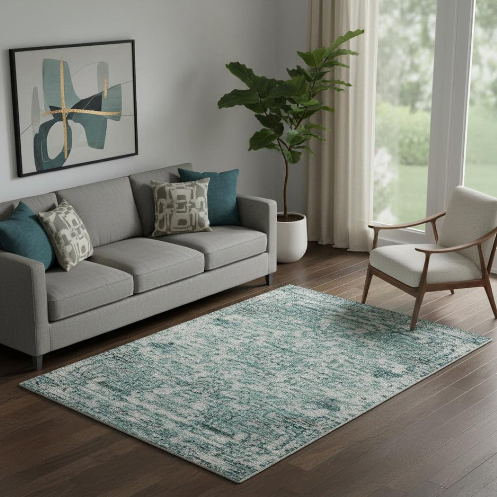 HomeRoots 8' Teal And Ivory Abstract Round Rug - Machine Washable, UV Protected, Stain Resistant, Durable Decor 715390
