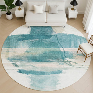 HomeRoots 8' X 10' Teal & Ivory Washable Area Rug - Durable, UV-Protected, Modern Abstract Design for Homes 715391