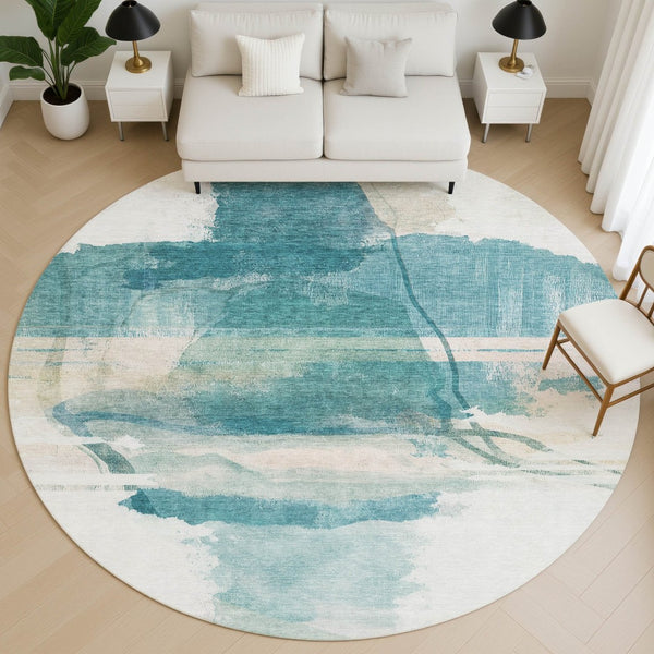 HomeRoots 8' X 10' Teal & Ivory Washable Area Rug - Durable, UV-Protected, Modern Abstract Design for Homes 715391