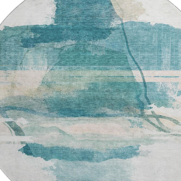 HomeRoots 8' X 10' Teal & Ivory Washable Area Rug - Durable, UV-Protected, Modern Abstract Design for Homes 715391