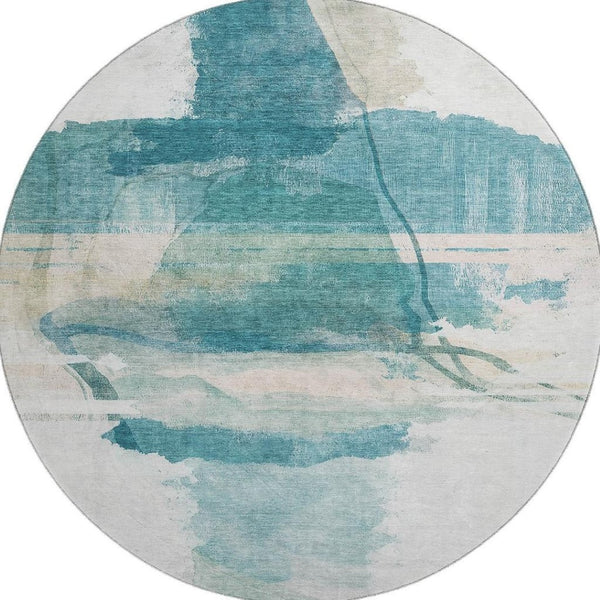HomeRoots 8' X 10' Teal & Ivory Washable Area Rug - Durable, UV-Protected, Modern Abstract Design for Homes 715391