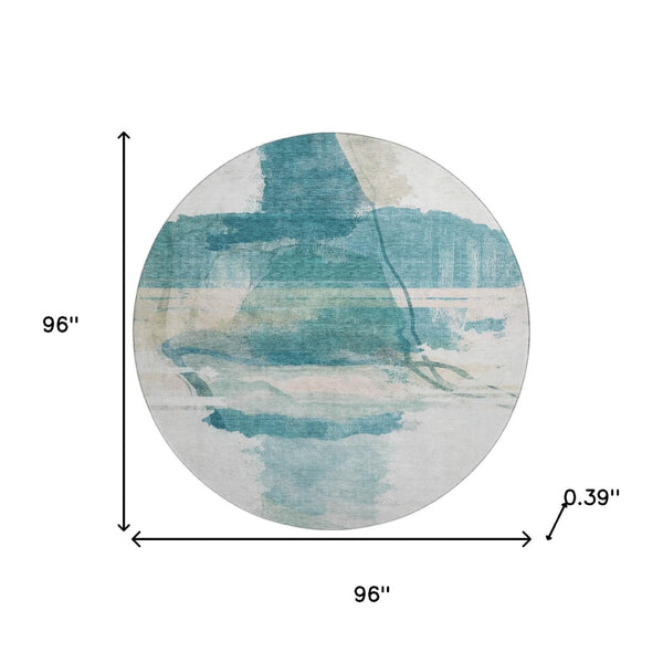 HomeRoots 8' X 10' Teal & Ivory Washable Area Rug - Durable, UV-Protected, Modern Abstract Design for Homes 715391