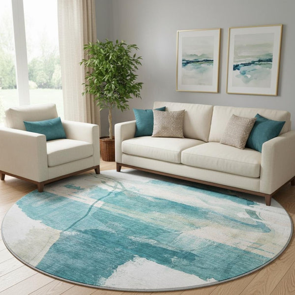 HomeRoots 8' X 10' Teal & Ivory Washable Area Rug - Durable, UV-Protected, Modern Abstract Design for Homes 715391