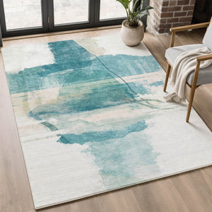 HomeRoots 10' X 14' Teal And Ivory Abstract Area Rug - Washable, UV Protected, Perfect for Homes with Kids & Pets 715393
