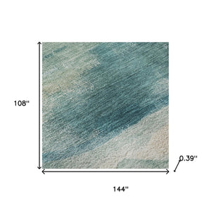 HomeRoots 10' X 14' Teal And Ivory Abstract Area Rug - Washable, UV Protected, Perfect for Homes with Kids & Pets 715393