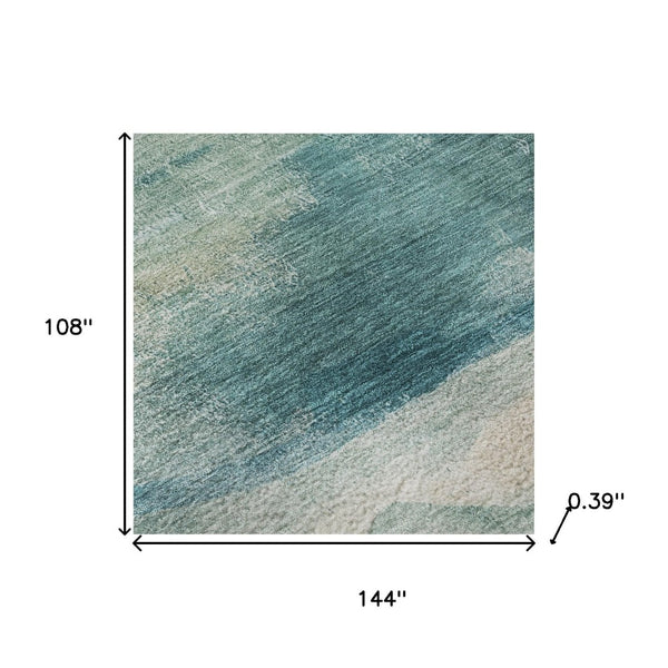 HomeRoots 10' X 14' Teal And Ivory Abstract Area Rug - Washable, UV Protected, Perfect for Homes with Kids & Pets 715393