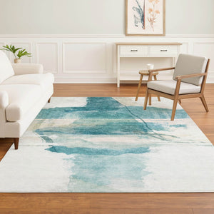 HomeRoots 10' X 14' Teal And Ivory Abstract Area Rug - Washable, UV Protected, Perfect for Homes with Kids & Pets 715393