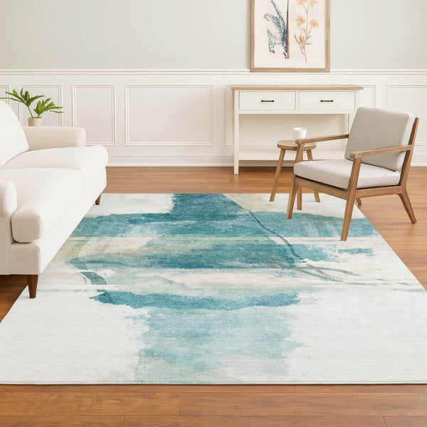 HomeRoots 10' X 14' Teal And Ivory Abstract Area Rug - Washable, UV Protected, Perfect for Homes with Kids & Pets 715393